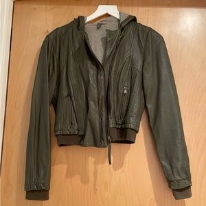 Olive green faux leather hooded jacket with gray cotton lining - from LF